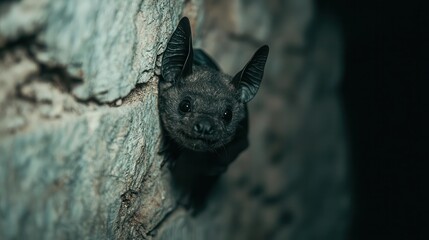 Obraz premium Bat with a rucksack climbing a dark cave wall, mysterious and quiet, nocturnal exploration, shadowy depths