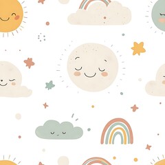 Digital illustration of the sun, clouds, and planets