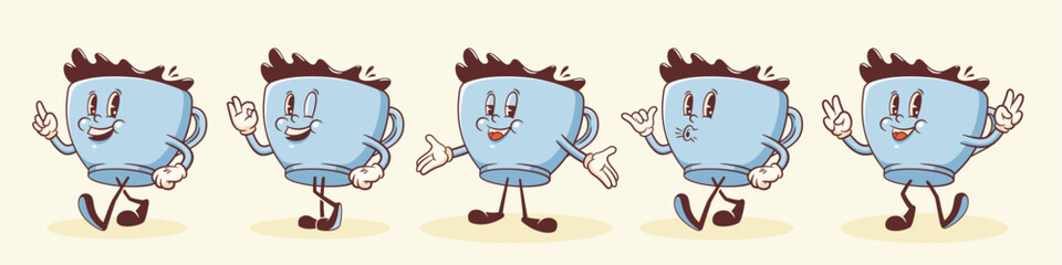 Groovy Coffee Mug Retro Characters Set. Cartoon Food Latte Cup Walking and Smiling. Vector Fast Food Beverage Mascot Templates Collection. Happy Vintage Cool Illustrations Isolated