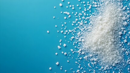 Pile of White Crystal Salt and Sugar Granules on Vibrant Blue Background