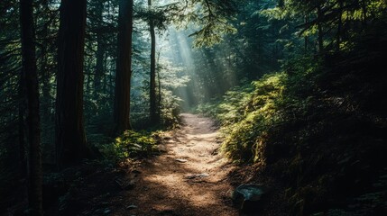 Obraz premium A narrow hiking trail through a dense forest, with sunlight filtering through the trees and room for text.