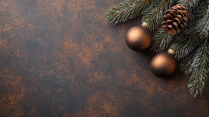 Merry Christmas and New Year. Christmas design. Fir branches, shiny gold balls, confetti and baubles. Christmas background. Festive composition