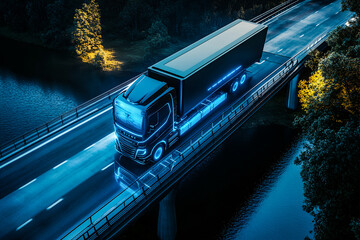 Autonomous futuristic  truck on the road, an Autonomous truck with artificial intelligence, drives over a bridge over the river Cargo delivery, transportation of the future. 