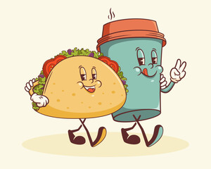 Groovy Taco and Coffee Retro Characters Label. Cartoon Snack and Paper Cup Walking Smiling Vector Street Food Mascot Template. Happy Vintage Cool Fast Food Illustration with Typography Isolated