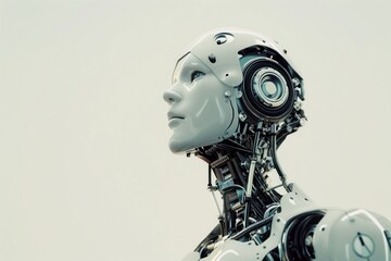 A robot with a white face and silver body stands in front of a white background