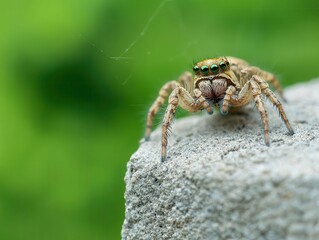 Fototapeta premium Spider with a tiny rucksack climbing a high wall, agile and stealthy, intricate web, abstract perspective