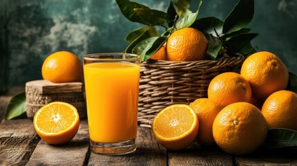 Fresh orange juice in a glass alongside a basket of vibrant oranges, placed on a rustic wooden table.