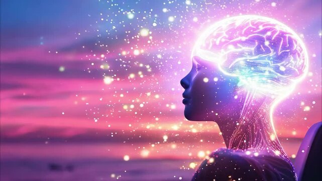 A glowing, digital representation of a human head with a brain, set against a colorful sunset background.