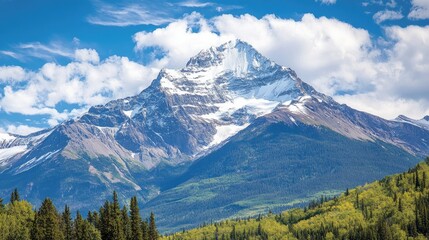 Obraz premium A snowy mountain peak towering above a forested valley, leaving space for text in the sky.