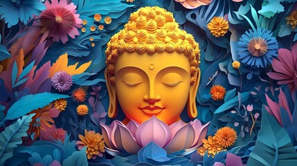 Peaceful Buddha Statue Surrounded by Beautiful Lotus Flowers and Colorful Blooms