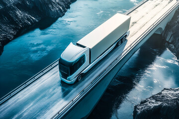 Autonomous futuristic  truck on the road, an Autonomous truck with artificial intelligence, drives over a bridge over the river Cargo delivery, transportation of the future. 