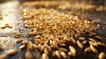Obraz premium A close-up view of scattered golden seeds on a surface, highlighting their texture and shine in natural light.