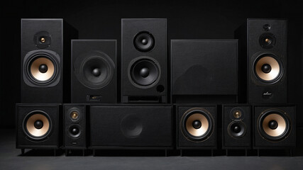 Obraz premium An array of various sizes and styles of black speakers with wooden accents placed on black background.