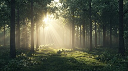 Naklejka premium A sunrise over a quiet forest clearing, with light filtering through the trees and room for copy.