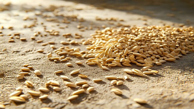 Golden grains scattered on a surface, showcasing their texture and color in natural light, highlighting their agricultural significance.