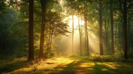 Obraz premium A sunrise over a quiet forest clearing, with light filtering through the trees and room for copy.