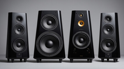 Fototapeta premium An array of various sizes and styles of black speakers with wooden accents placed on grey background.