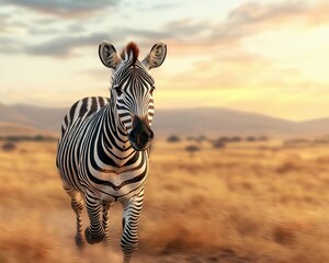 Obraz premium Zebra with a rucksack climbing a dusty savanna hill, strong and focused, golden grass, setting sun