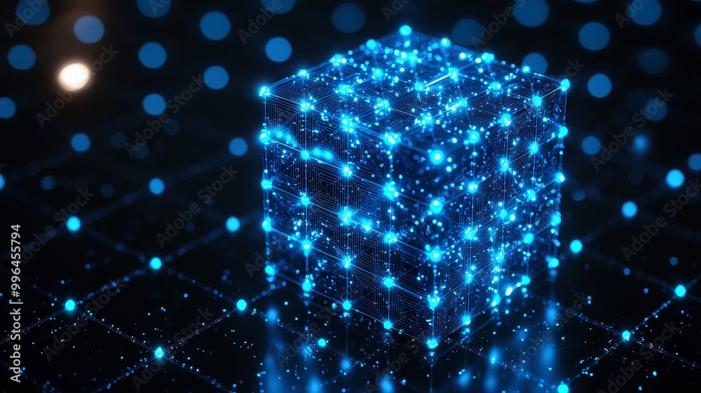 Poster blue cube on black background. wireframe rectangular structure with glowing particles. futuristic di