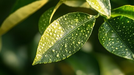 A close-up view of citrus leaves exhibiting small lesions and damage caused by bacterial or fungal infections, highlighting plant health challenges in nature