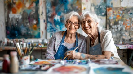 Fototapeta premium A photograph of two elderly friends participating in a cooking class, preparing a delicious meal together