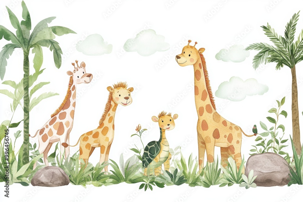 Wall mural This watercolor seamless pattern features a giraffe, lion cub, leopard, elephant, monkey, turtle, all in a cartoon style.