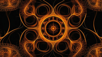 Vibrant symmetrical fractal in glowing orange shades with intricate swirling patterns and central core.