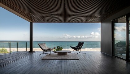 Fototapeta premium Terrace with panoramic windows overlooking the sea. Black balcony room with access to the beach. Studio mockup in modern interior design. living room with window