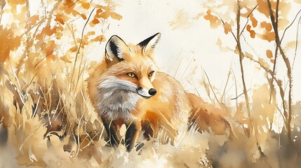 Obraz premium Watercolor Painting of a Fox in Autumn Foliage.