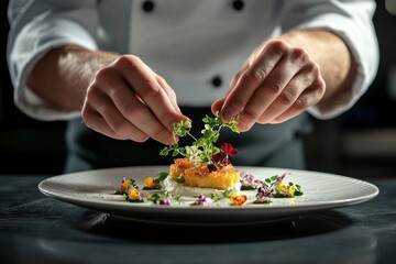 A chef plating an elegant dish on the table food plate hands.