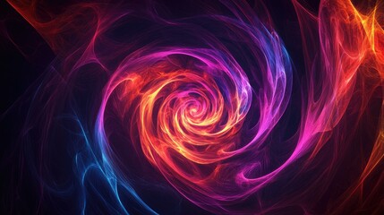 Abstract fractal pattern with swirling, hypnotic shapes in neon colors against a dark background.