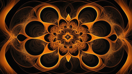 Vibrant symmetrical fractal in glowing orange shades with intricate swirling patterns and central core.
