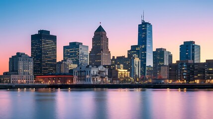 Fototapeta premium A time-lapse of a modern city at dawn, with the skyline silhouetted against the gradually brightening sky as the day begins to emerge 