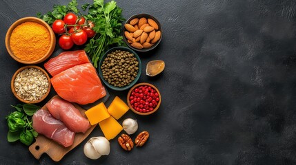 Artistic flat lay of premium dog food ingredients, fresh and raw