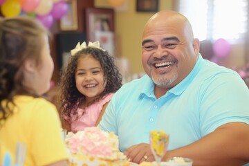 Obraz premium family celebrating birthday with cake at a kitchen table, sharing a meal and laughing, parents with their children sitting together