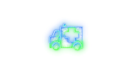 Ambulance car icon neon glow on transparent background blue green color