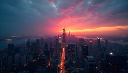 Fototapeta premium A time-lapse of a modern city at dawn, with the skyline silhouetted against the gradually brightening sky as the day begins to emerge 