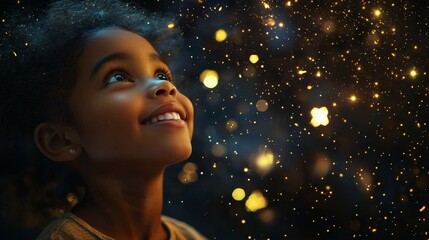 A banner featuring a happy black African girl gazing at the stars with a galaxy sky background and a copy space for her name.
