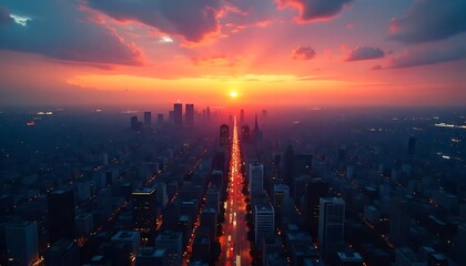 Fototapeta premium A time-lapse of a modern city at dawn, with the skyline silhouetted against the gradually brightening sky as the day begins to emerge 