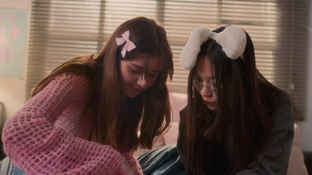 Two multi-ethnic teenage girls looking at idol photo cards and laughing while sitting on bed