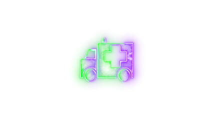 Ambulance car symbol icon neon glow on transparent background green purple color