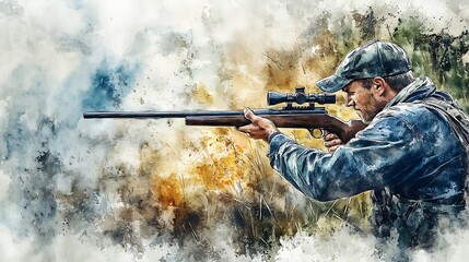 Fototapeta premium Hunter aiming rifle in watercolor style.