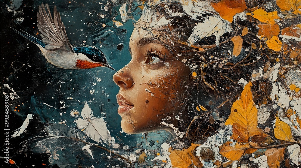 Wall mural woman and hummingbird: a surreal portrait