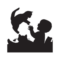 baby playing with cute cat silhouette on white background
