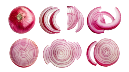 Set of red onions whole bulbs and pieces isolated on transparent background,Set of red onion slices,top view,Fresh red onion and cut in various size,png,Sliced red onions png,full depth of field,Ai