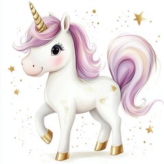 Fototapeta premium Cute white unicorn with a golden horn and pastel mane surrounded by sparkles