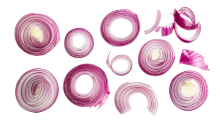 Set of red onions whole bulbs and pieces isolated on transparent background,Set of red onion slices,top view,Fresh red onion and cut in various size,png,Sliced red onions png,full depth of field,Ai