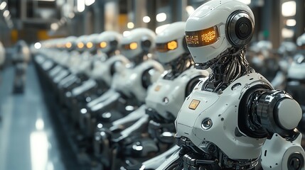 Fototapeta premium A row of futuristic robots standing in a factory setting, representing automation and technological advancement.