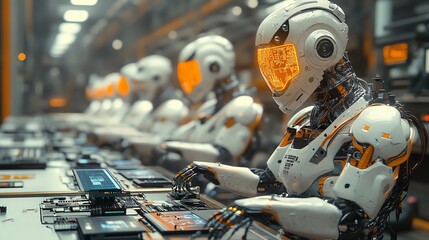 Fototapeta premium A line of futuristic robots work diligently on a production line in a high-tech factory.