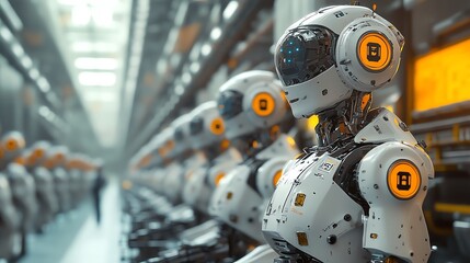 Fototapeta premium Row of futuristic robots in a factory setting, representing automation and technological advancement.